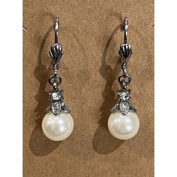 Vintage Pearl Drop Silver Hook Pierced Earrings Victorian Goth Regency - Picture 4 of 8